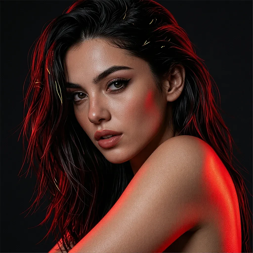 Fictional AI character looking back over a bare shoulder, lit red against black