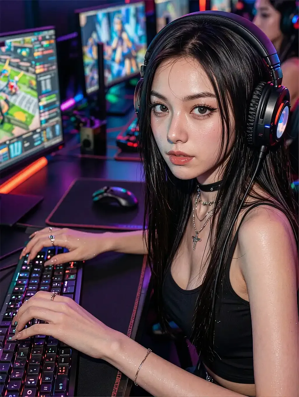 Fictional AI character in headphones at a desk of gaming monitors, hands on a lit keyboard