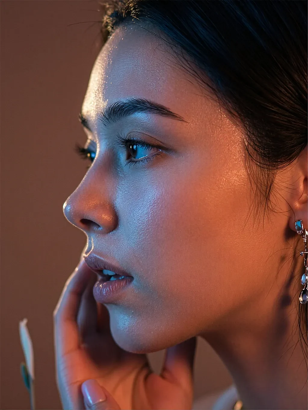 Close side portrait of a fictional AI character with a hand at her chin, warm orange light