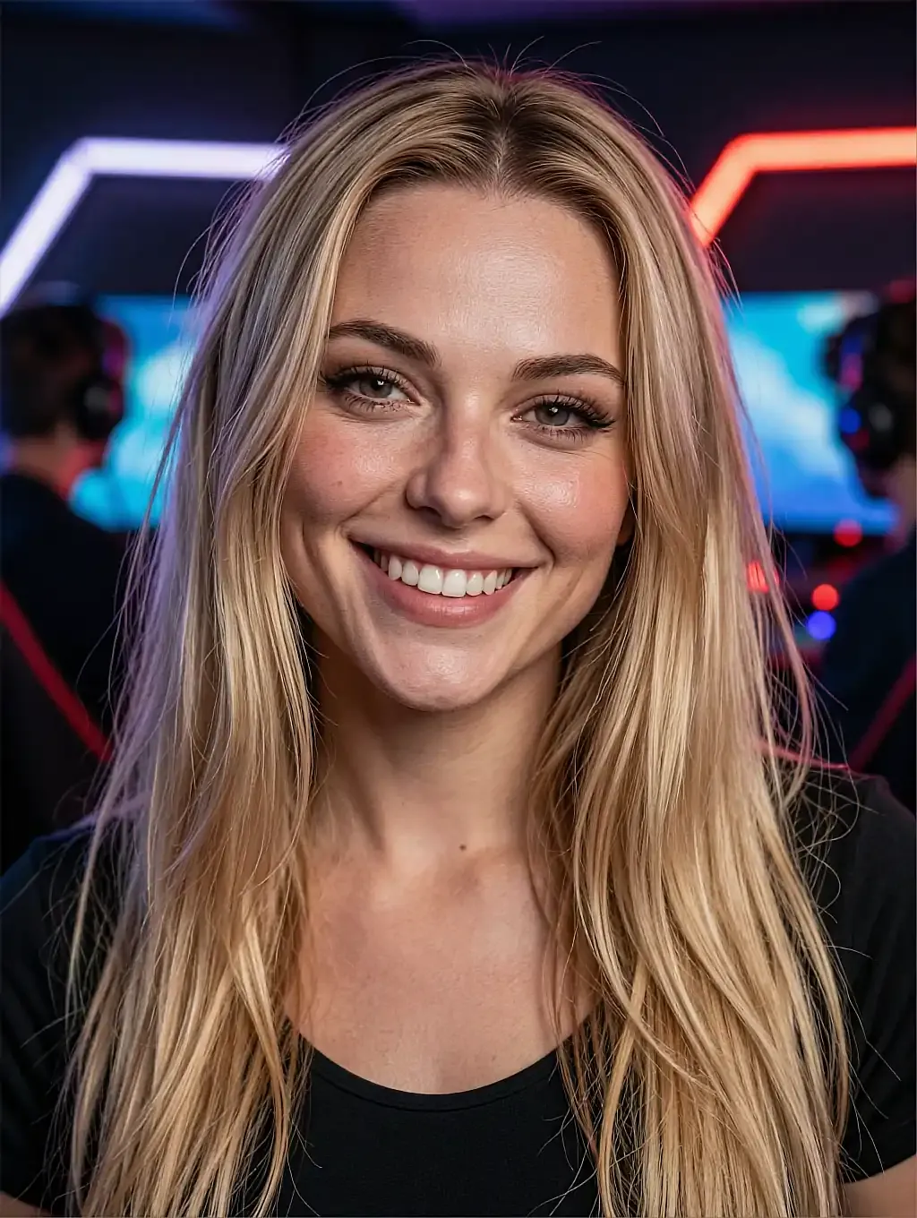 Fictional AI character with long blonde hair smiling in a black vest, red-lit room behind her