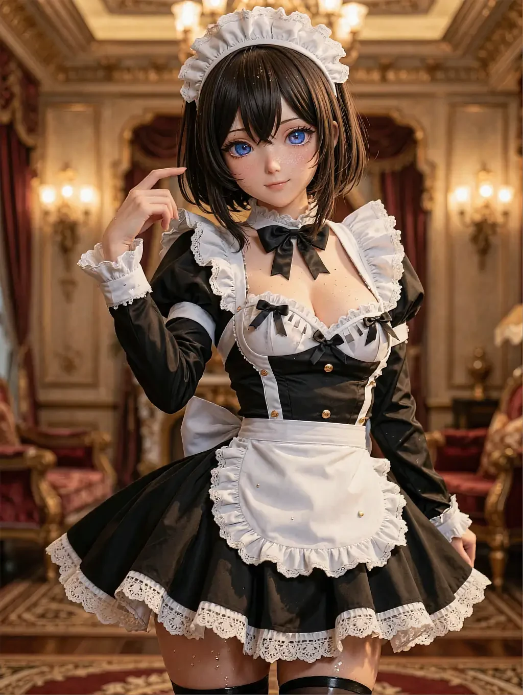 Fictional AI character illustrated in a black and white maid outfit in a gilded ballroom